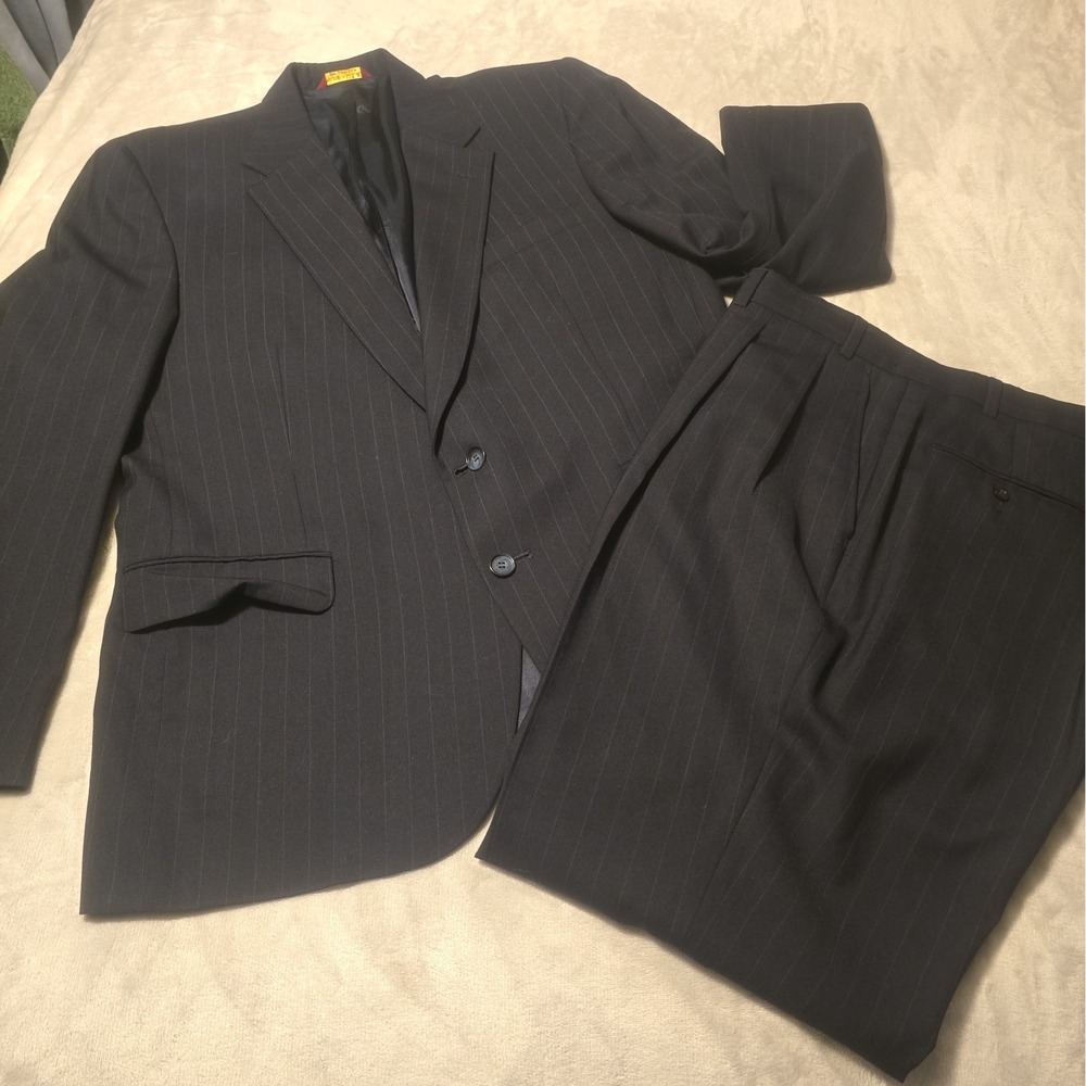 Vintage Botany 500 Suit 46R Black Pinstripe 38x30, 100% Wool Union Made In USA